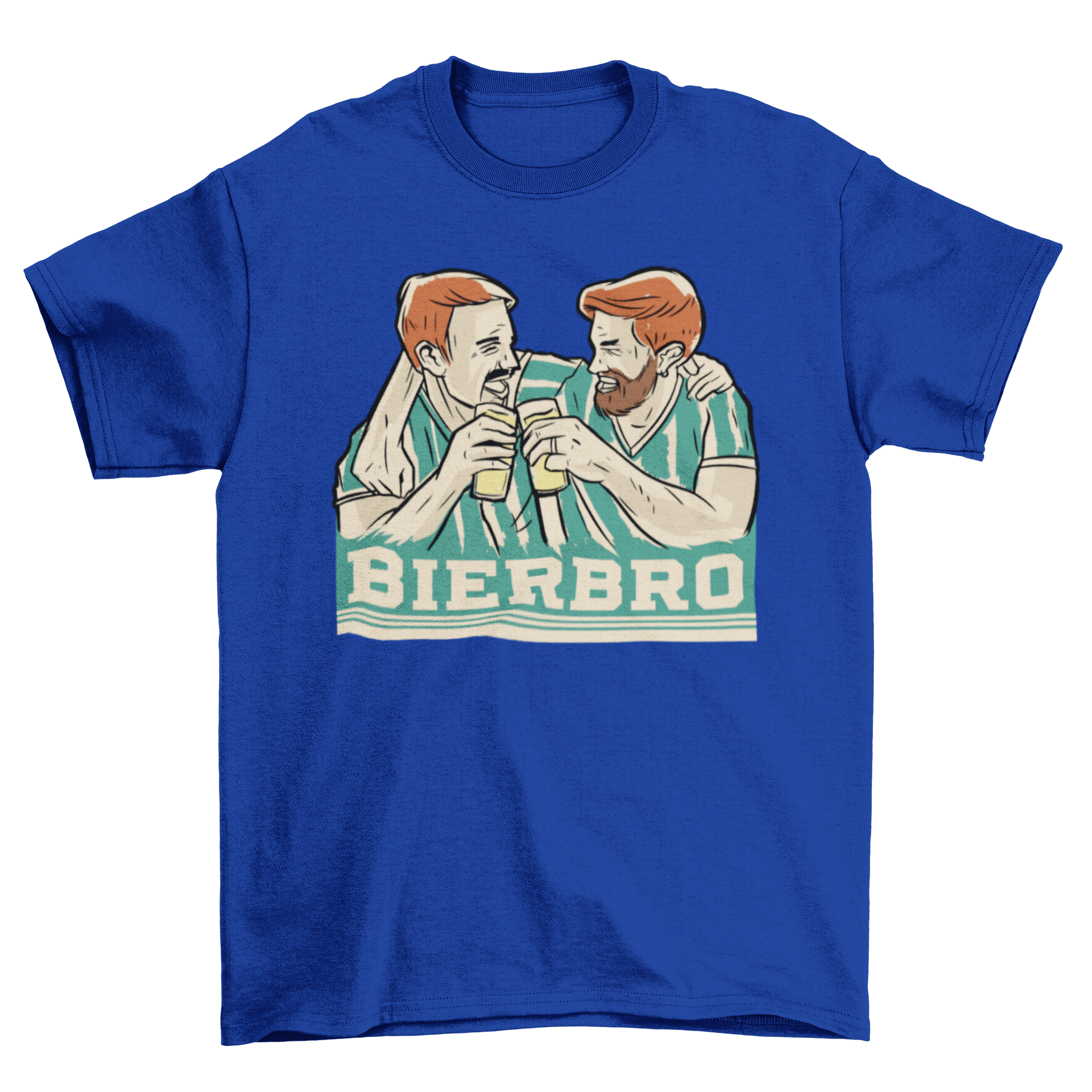 Bierbro t-shirt featuring two young male friends hugging and drinking beers with a fun quote.