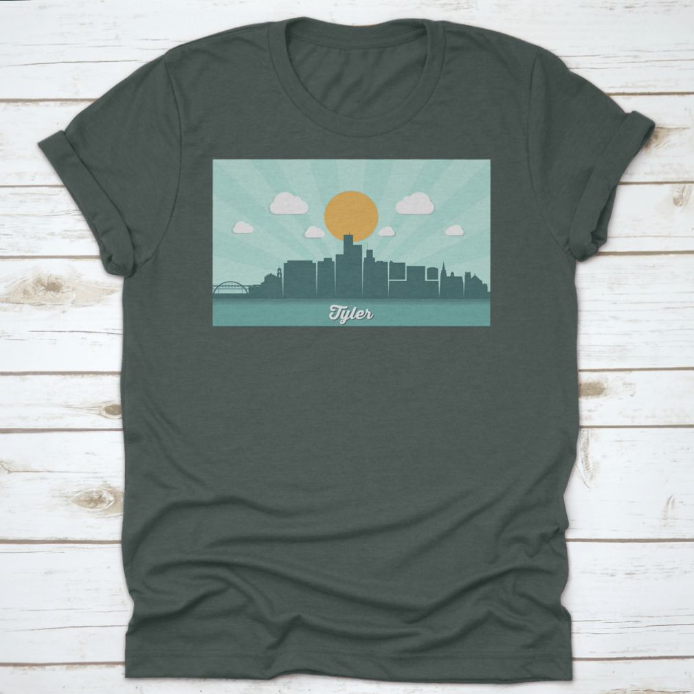 Tyler Skyline Day Time Vector Illustration T-Shirt showcasing a vibrant city skyline design on a comfortable cotton fabric.