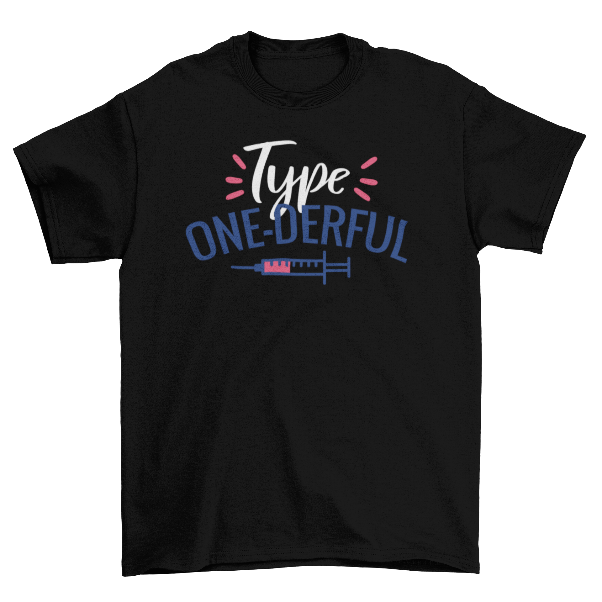 Type one-derful t-shirt design featuring motivational lettering and a syringe icon, showcasing two font styles.