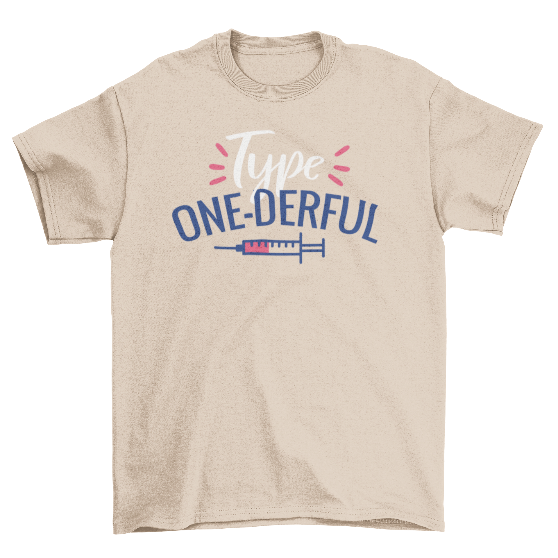 Type one-derful t-shirt design featuring motivational lettering and a syringe icon, showcasing two font styles.