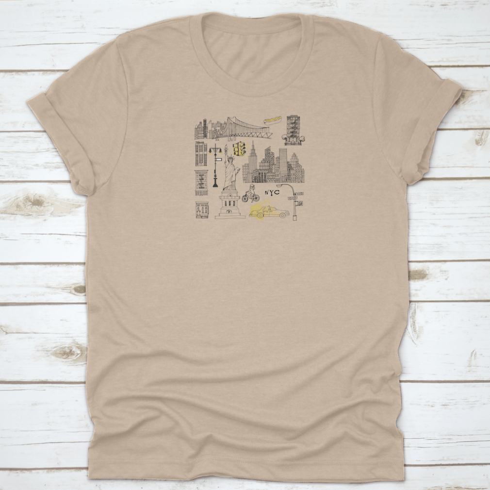 A stylish cotton t-shirt featuring a vibrant New York City street scene, perfect for casual wear.