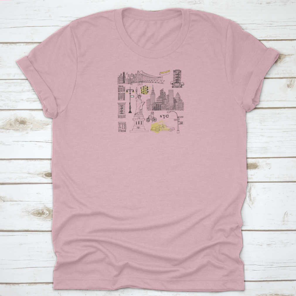 A stylish cotton t-shirt featuring a vibrant New York City street scene, perfect for casual wear.