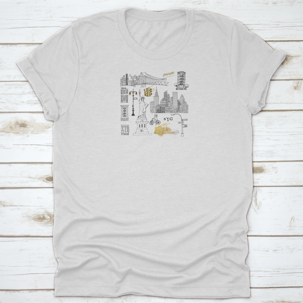 A stylish cotton t-shirt featuring a vibrant New York City street scene, perfect for casual wear.