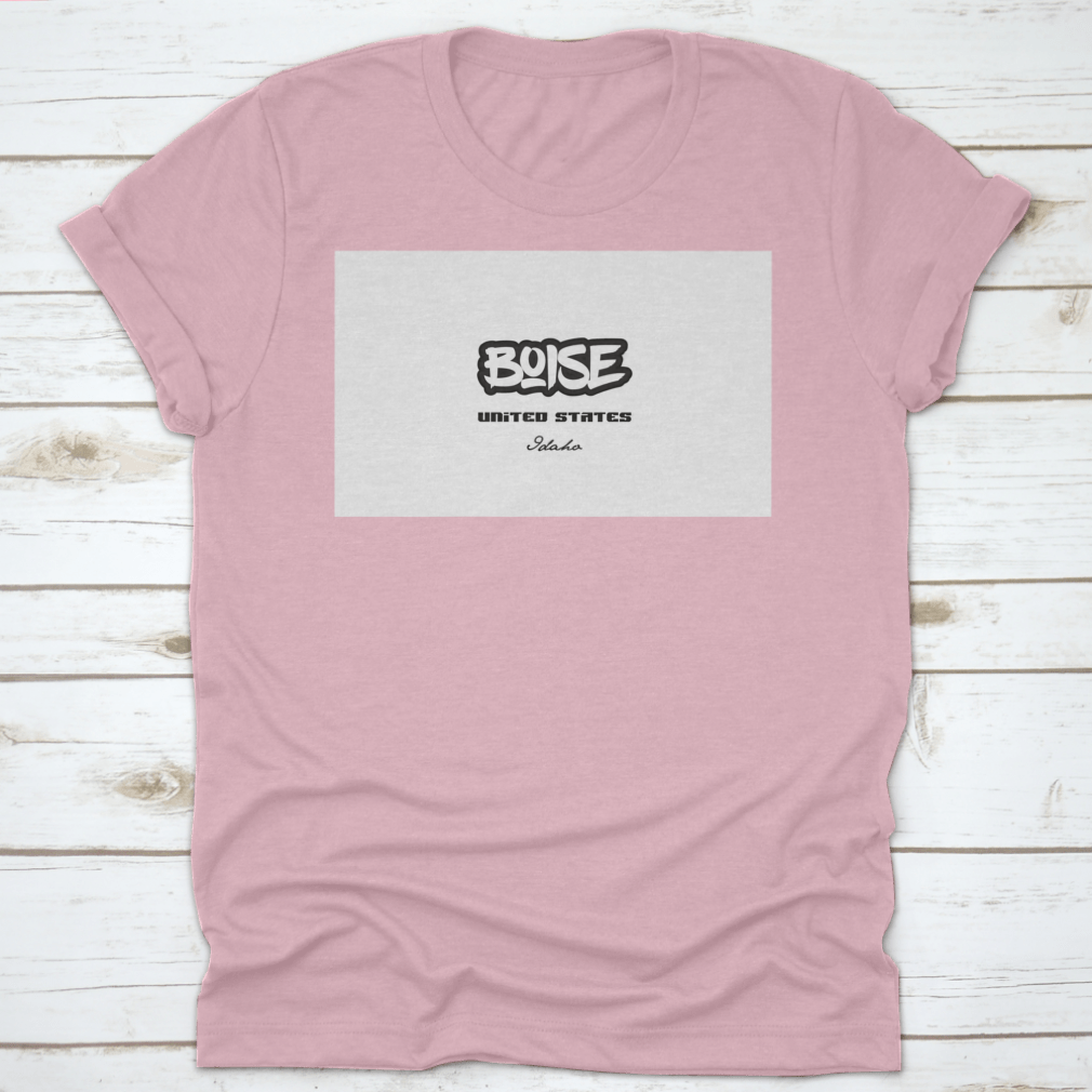 Typography design featuring the words 'Boise Idaho City' on a stylish cotton shirt, showcasing the vibrant culture of Boise.