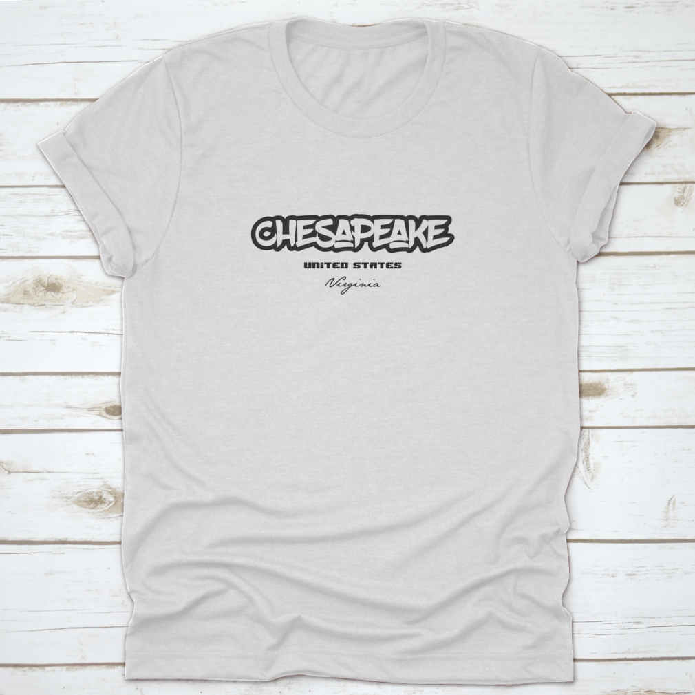 Typography design t-shirt featuring Chesapeake Virginia text, showcasing a stylish and comfortable fit.