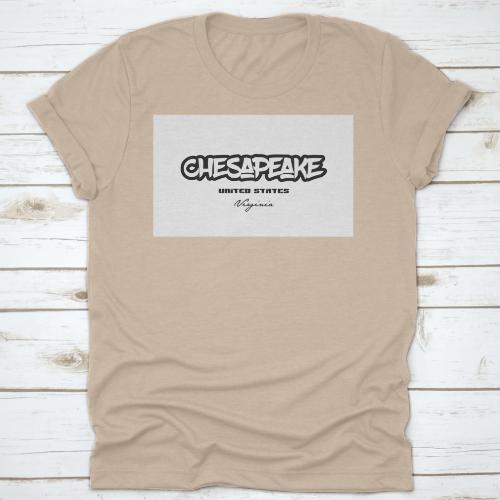 Typography design t-shirt featuring Chesapeake Virginia text, showcasing a stylish and comfortable fit.