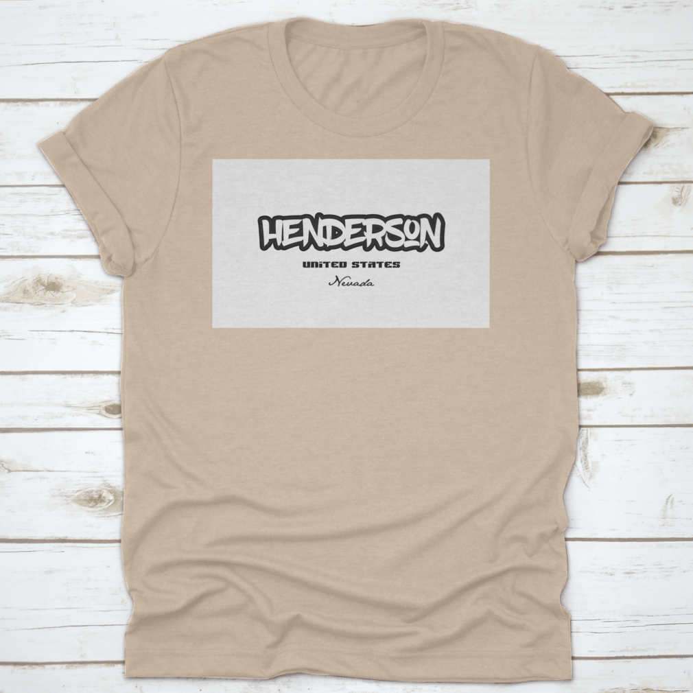 Typography design featuring Henderson Nevada City text on a comfortable cotton t-shirt, showcasing its stylish and casual appeal.