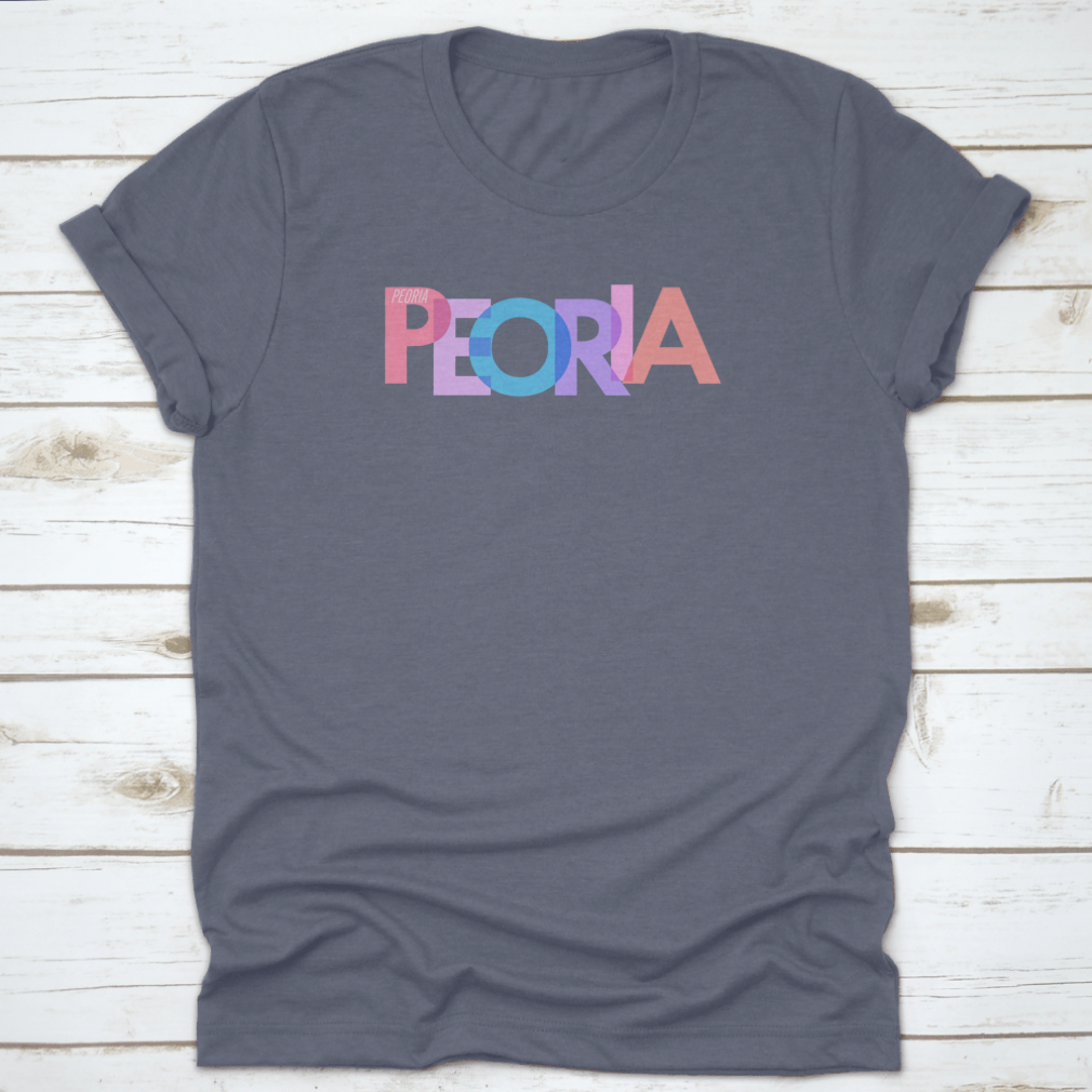 Typography design of Peoria city name on a stylish T-shirt, showcasing vibrant colors and quality fabric.