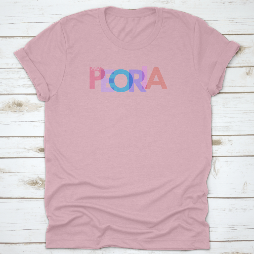 Typography design of Peoria city name on a stylish T-shirt, showcasing vibrant colors and quality fabric.