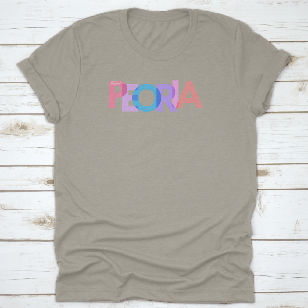 Typography design of Peoria city name on a stylish T-shirt, showcasing vibrant colors and quality fabric.