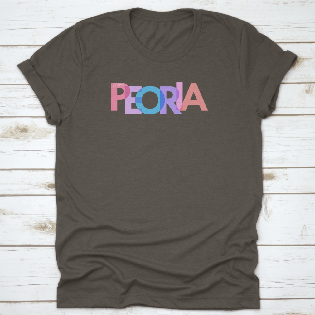 Typography design of Peoria city name on a stylish T-shirt, showcasing vibrant colors and quality fabric.