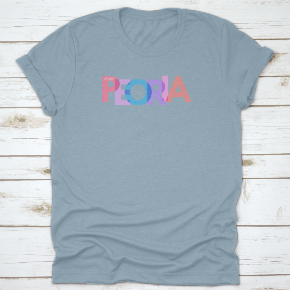 Typography design of Peoria city name on a stylish T-shirt, showcasing vibrant colors and quality fabric.