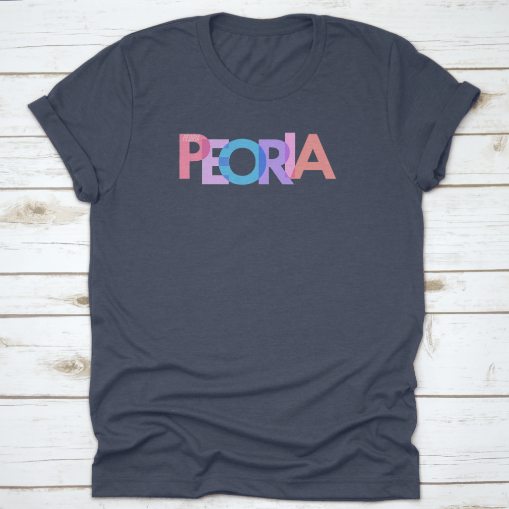Typography design of Peoria city name on a stylish T-shirt, showcasing vibrant colors and quality fabric.