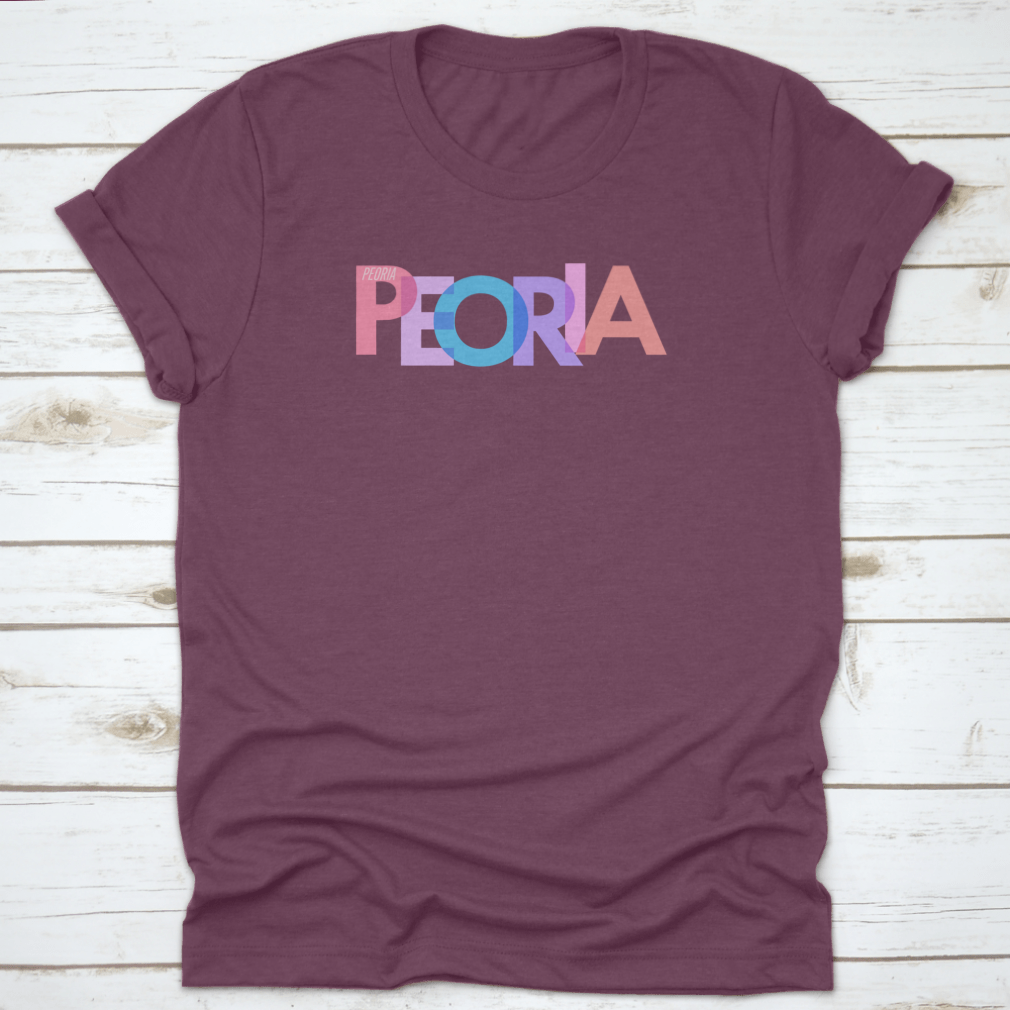 Typography design of Peoria city name on a stylish T-shirt, showcasing vibrant colors and quality fabric.