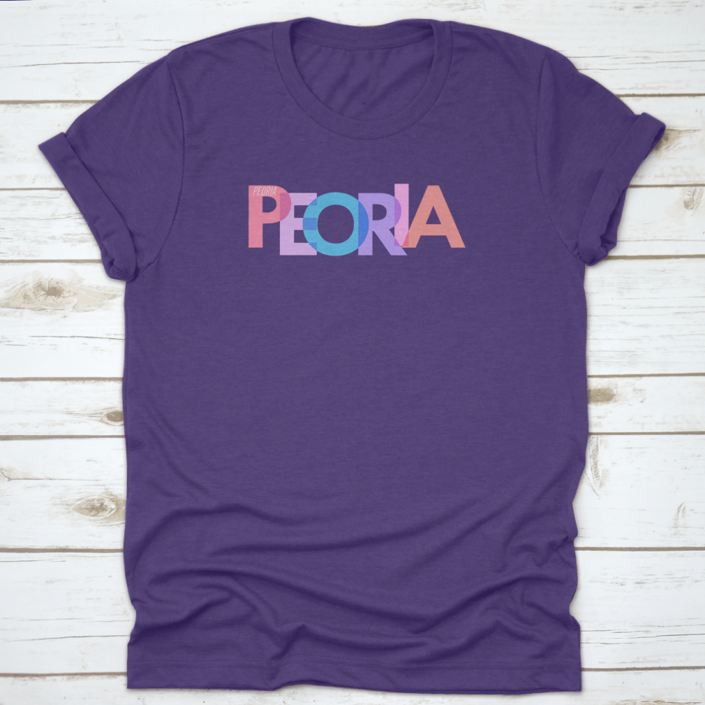 Typography design of Peoria city name on a stylish T-shirt, showcasing vibrant colors and quality fabric.