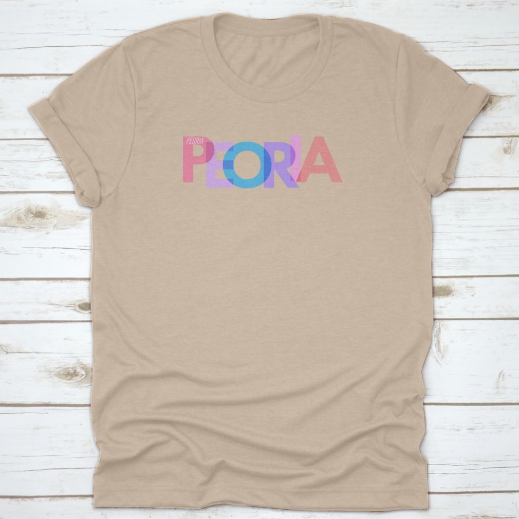Typography design of Peoria city name on a stylish T-shirt, showcasing vibrant colors and quality fabric.