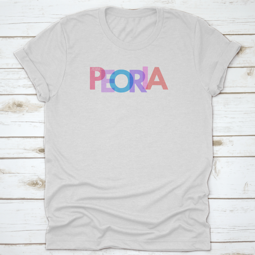 Typography design of Peoria city name on a stylish T-shirt, showcasing vibrant colors and quality fabric.