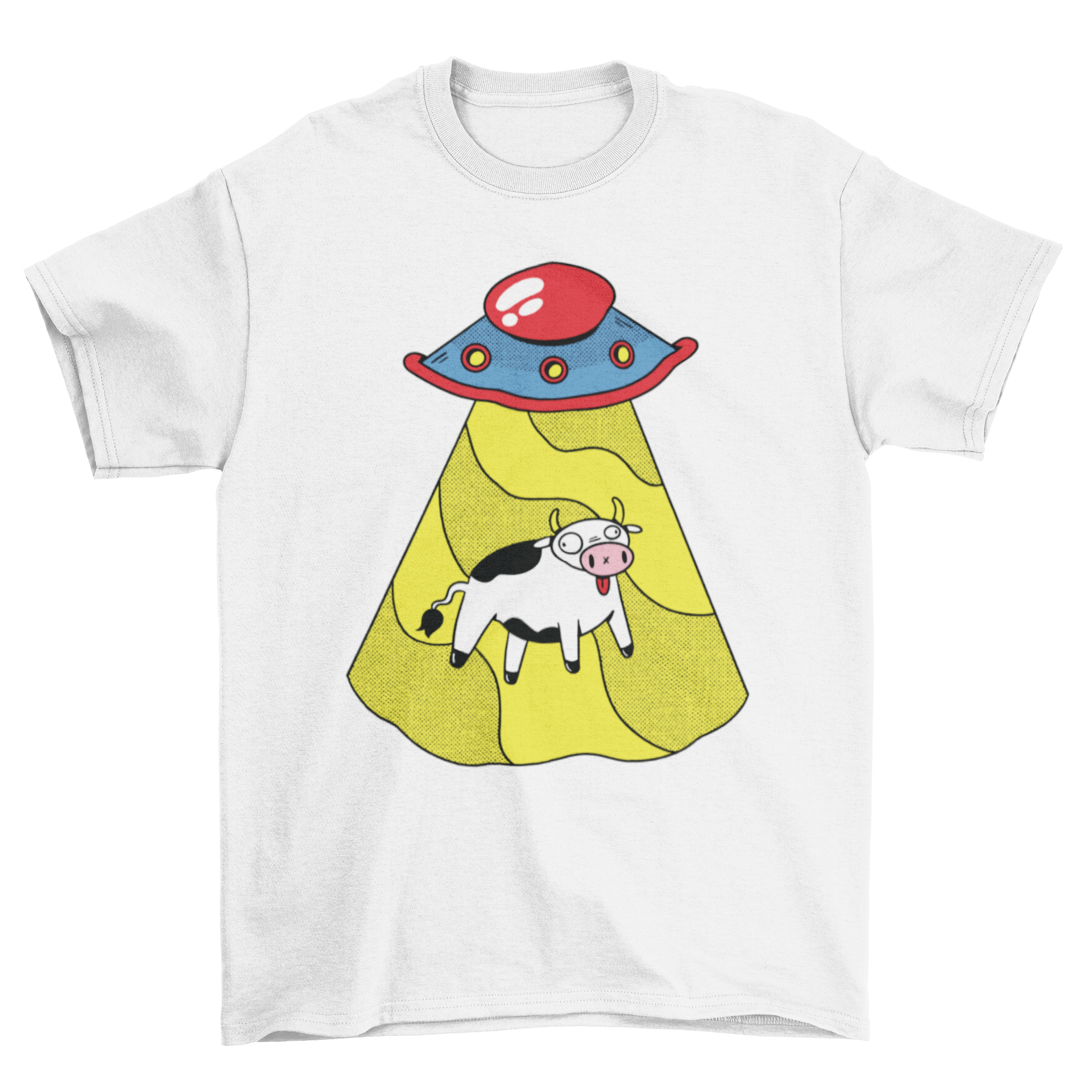 A fun Ufo Cow T-Shirt featuring a colorful design of a UFO abducting a cow against a vibrant background.