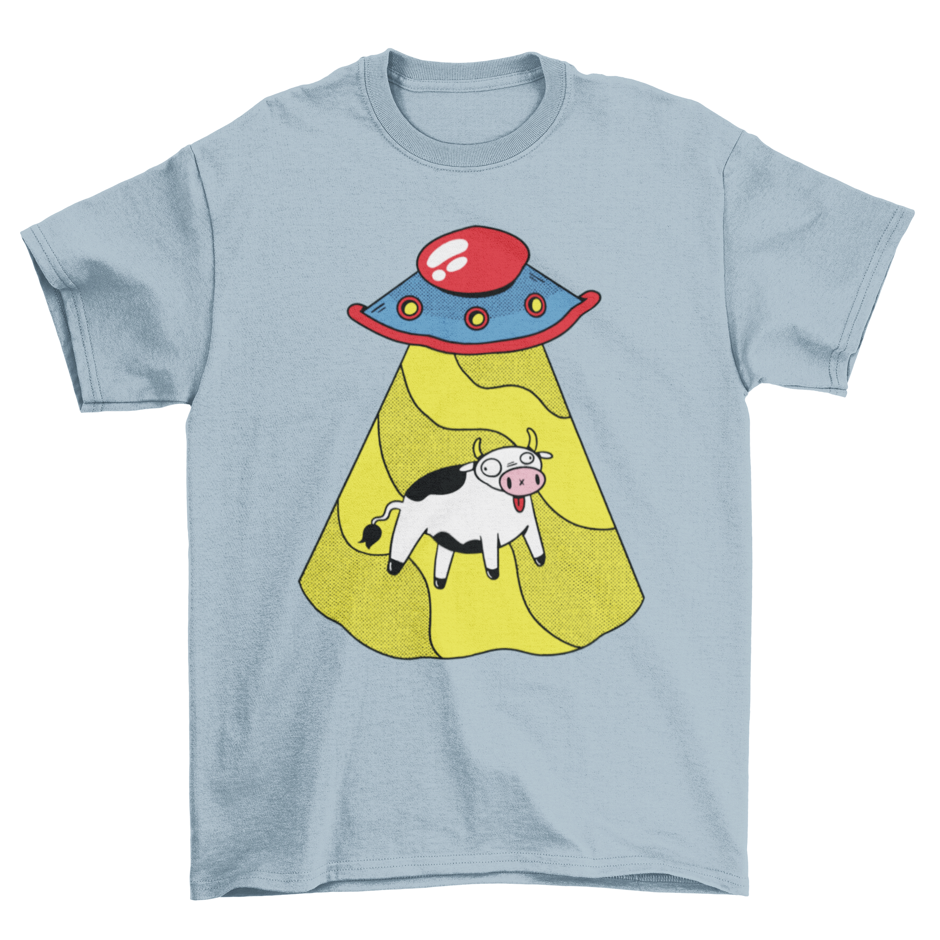 A fun Ufo Cow T-Shirt featuring a colorful design of a UFO abducting a cow against a vibrant background.