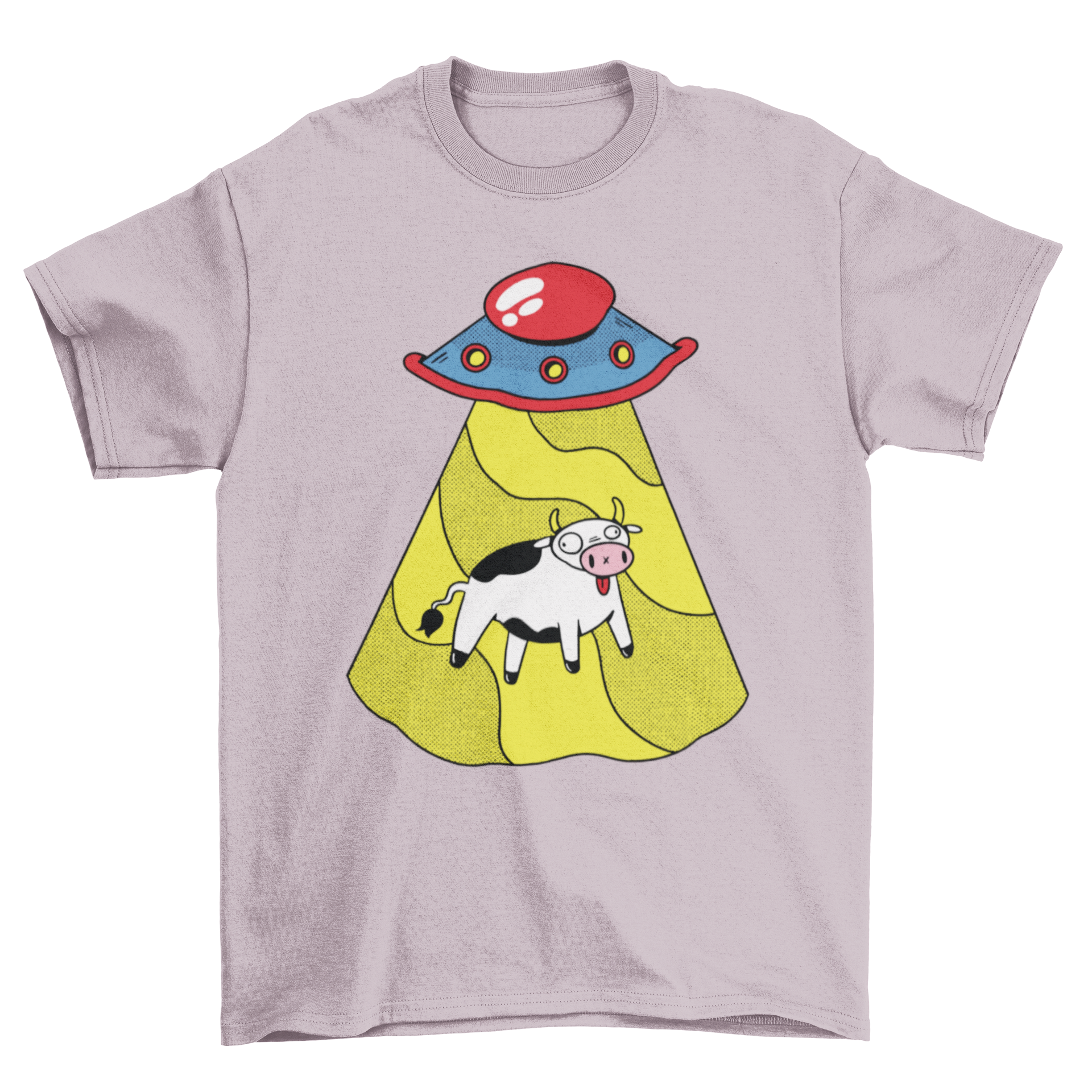 A fun Ufo Cow T-Shirt featuring a colorful design of a UFO abducting a cow against a vibrant background.