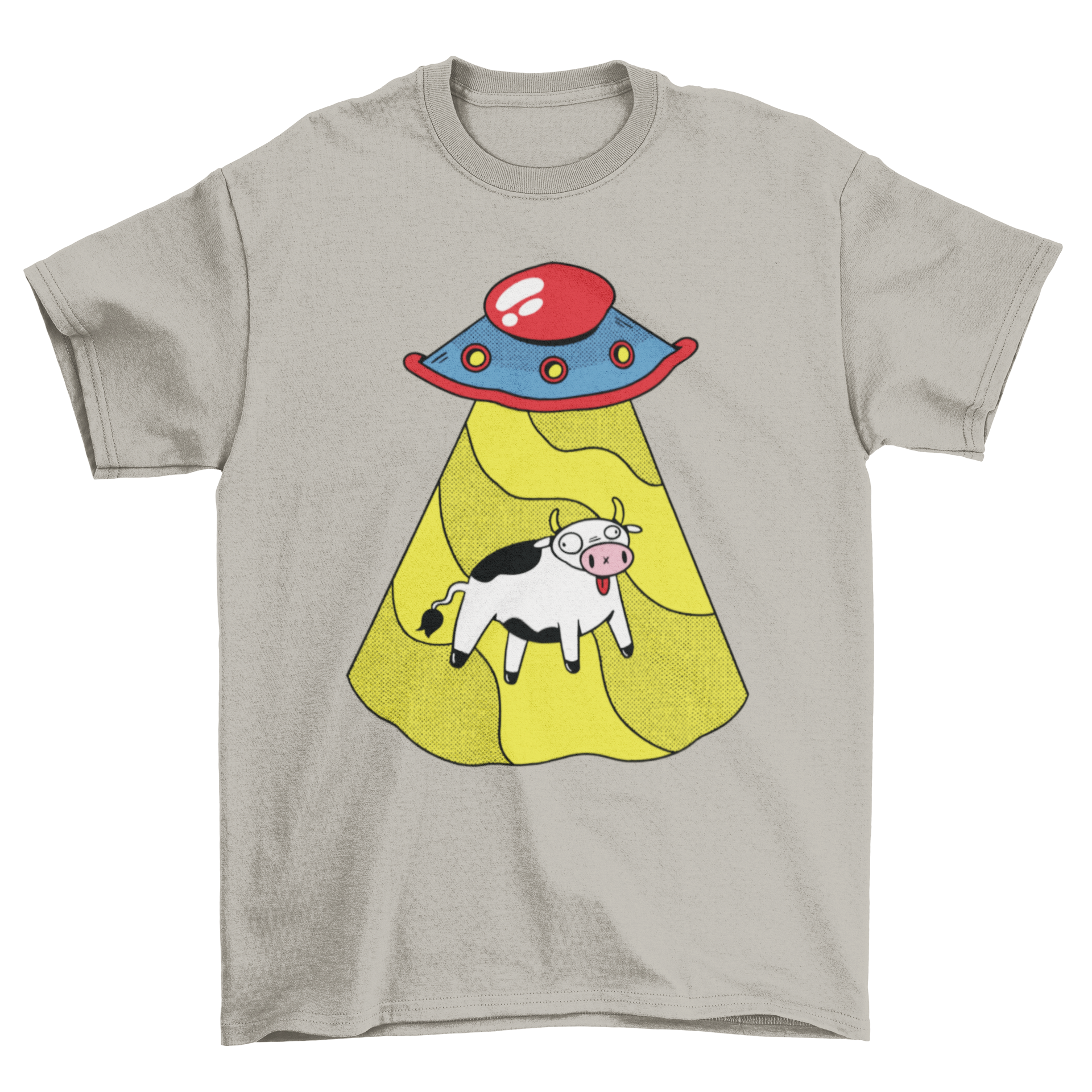 A fun Ufo Cow T-Shirt featuring a colorful design of a UFO abducting a cow against a vibrant background.