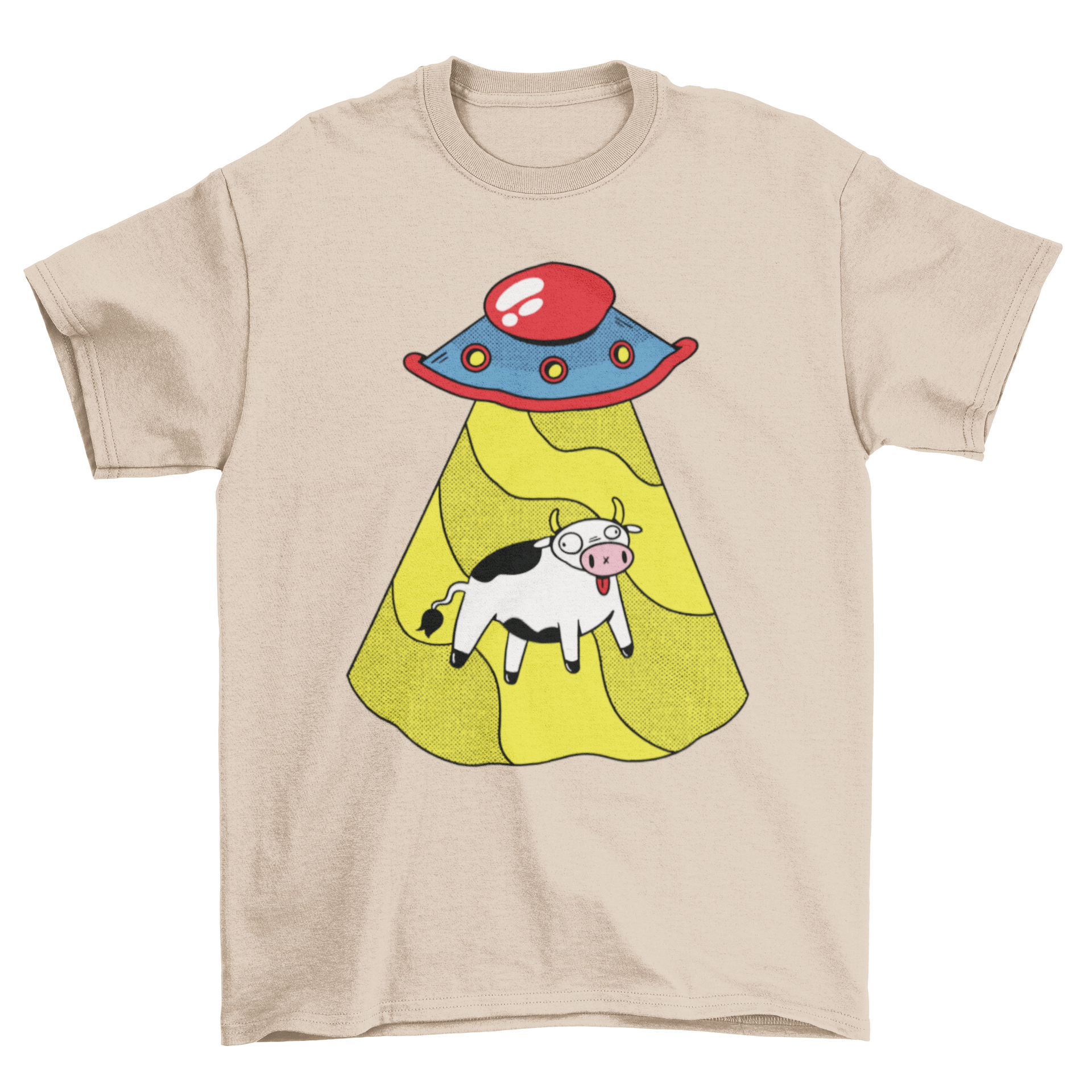 A fun Ufo Cow T-Shirt featuring a colorful design of a UFO abducting a cow against a vibrant background.