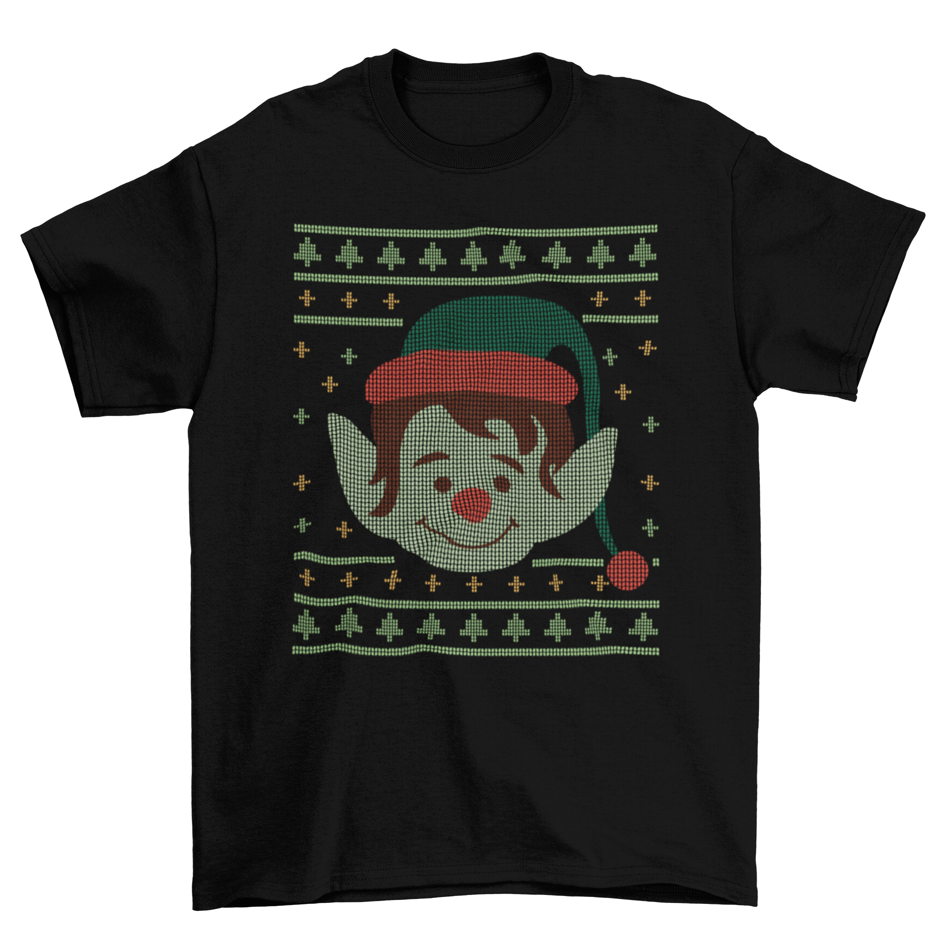 Ugly Christmas Elf T-Shirt Design featuring a cheerful elf in a colorful Christmas sweater, perfect for holiday celebrations.
