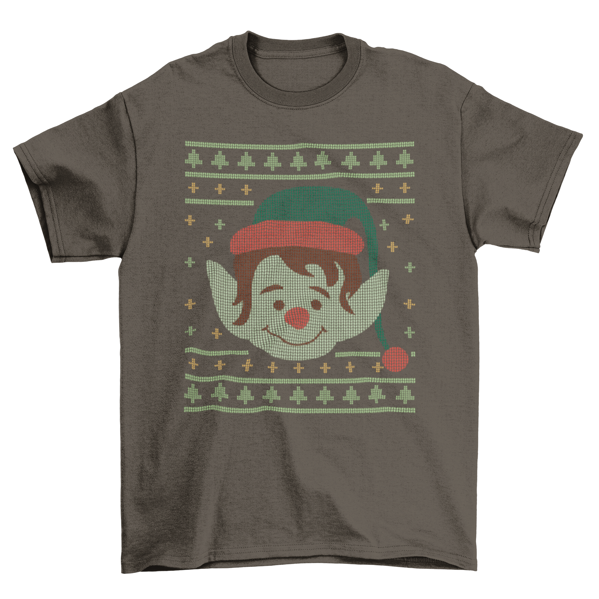 Ugly Christmas Elf T-Shirt Design featuring a cheerful elf in a colorful Christmas sweater, perfect for holiday celebrations.
