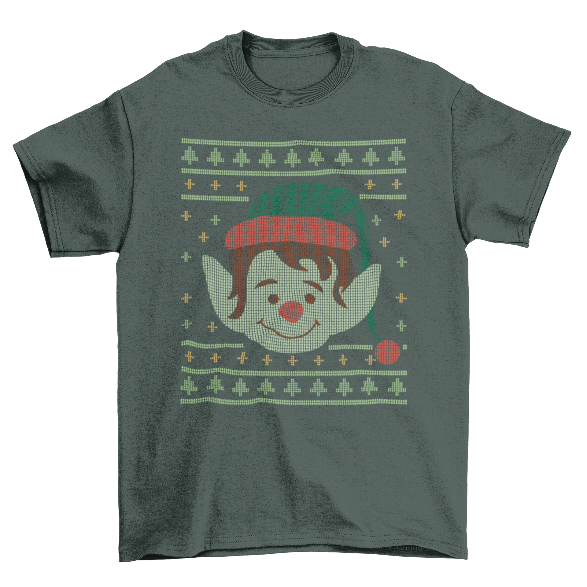Ugly Christmas Elf T-Shirt Design featuring a cheerful elf in a colorful Christmas sweater, perfect for holiday celebrations.