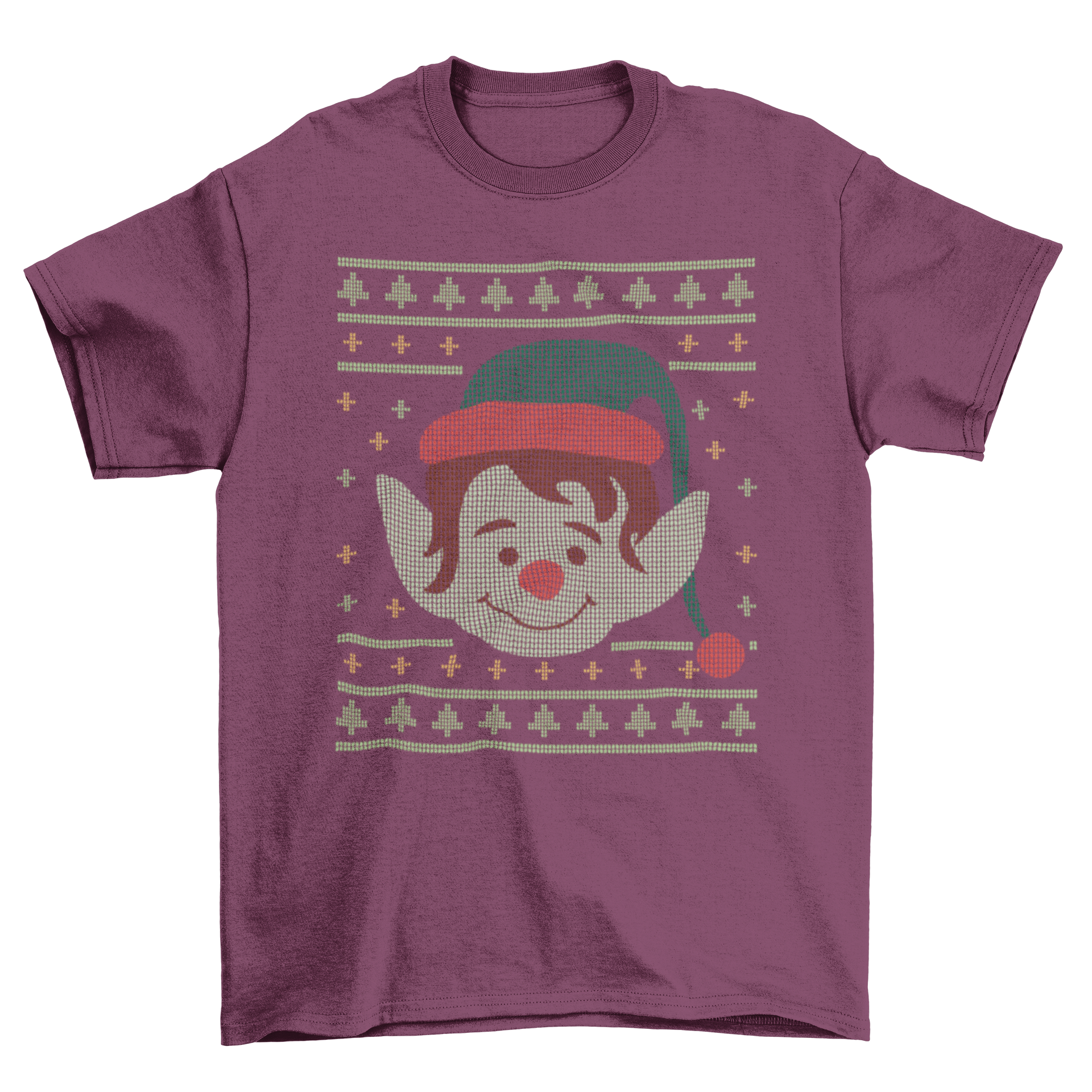 Ugly Christmas Elf T-Shirt Design featuring a cheerful elf in a colorful Christmas sweater, perfect for holiday celebrations.