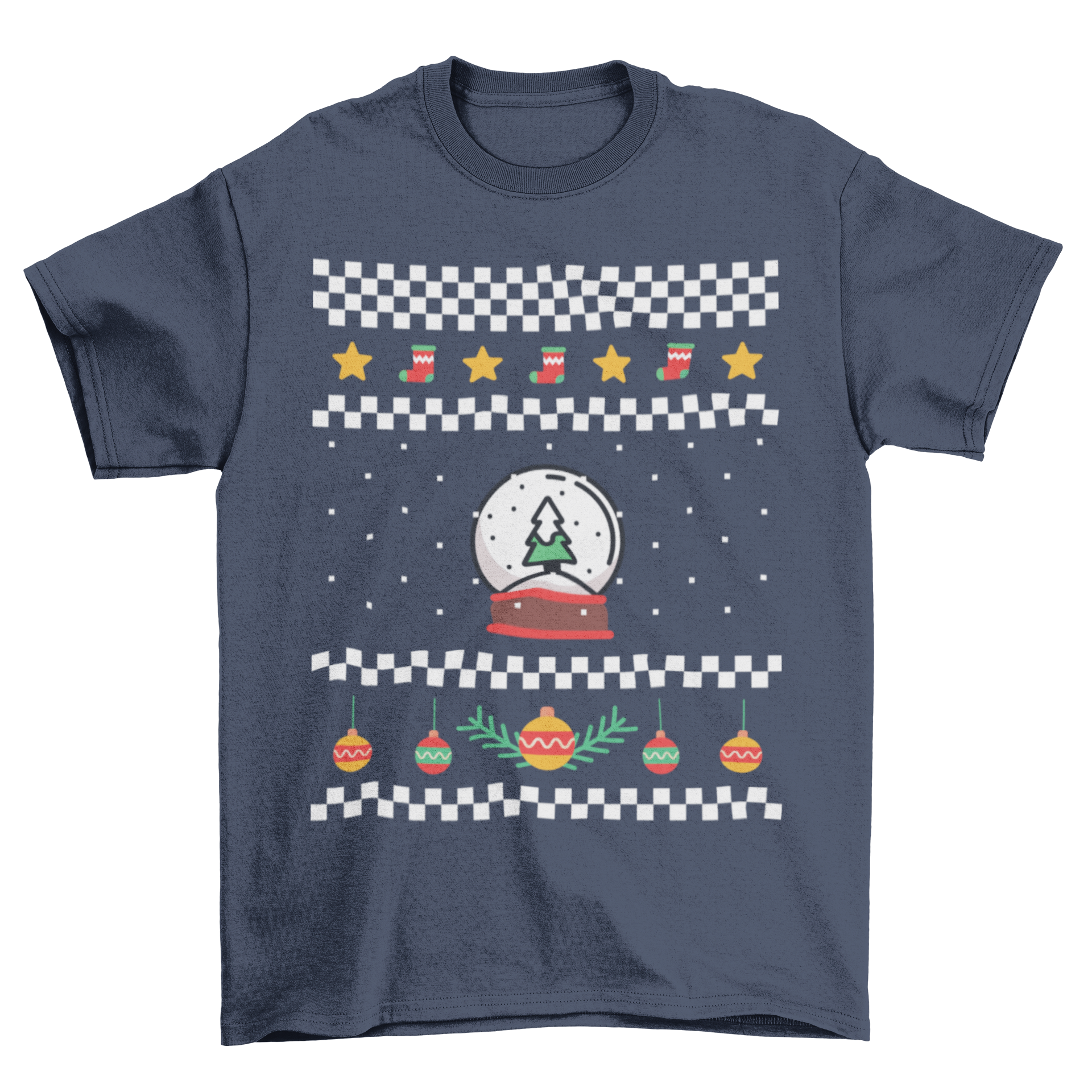 Ugly Christmas Holiday Sweater Elements Unisex T-shirt featuring Christmas tree, snow globe, ornaments, stars, and socks design.