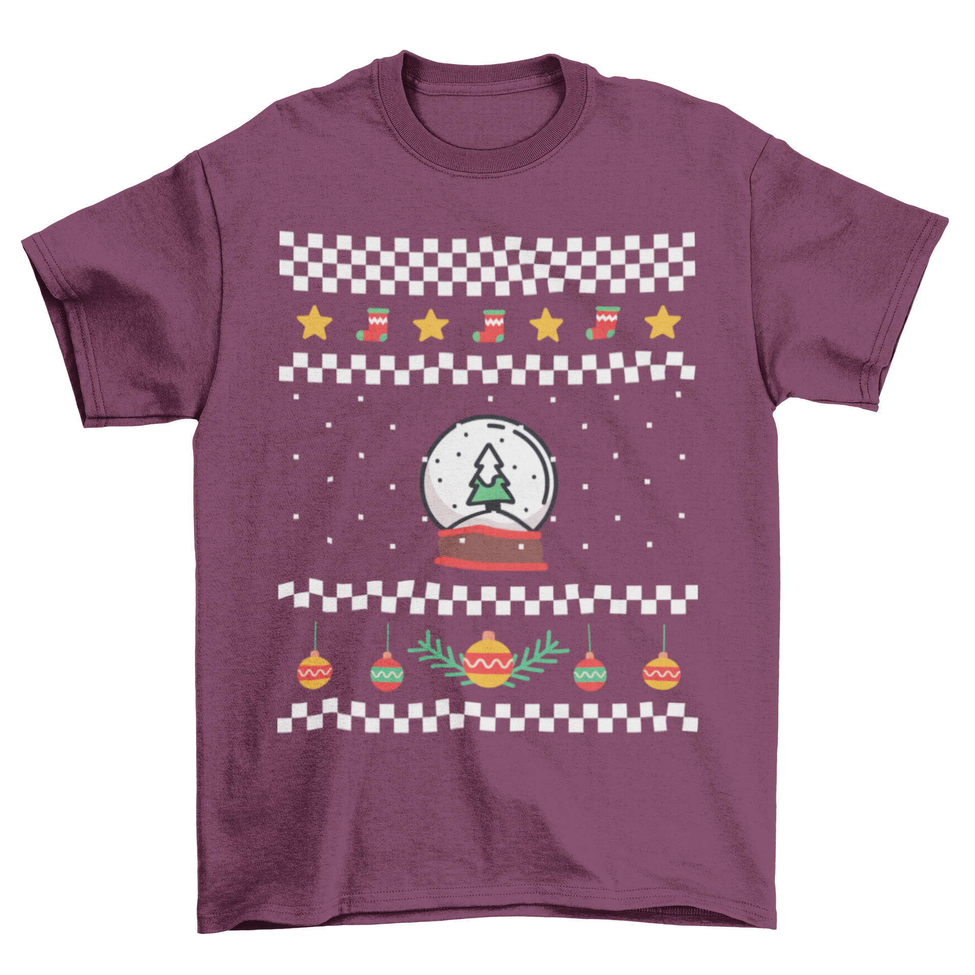 Ugly Christmas Holiday Sweater Elements Unisex T-shirt featuring Christmas tree, snow globe, ornaments, stars, and socks design.