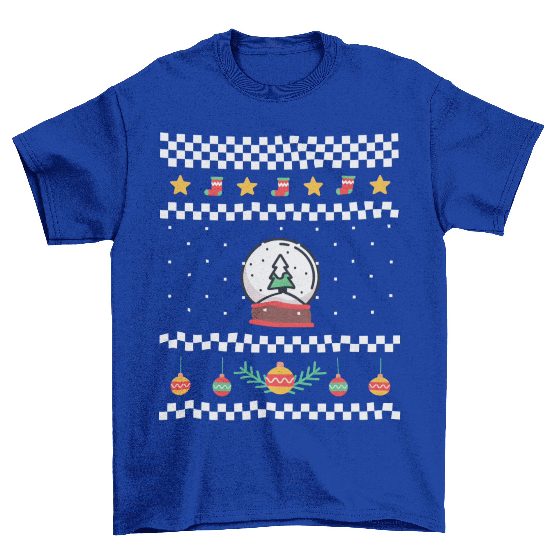 Ugly Christmas Holiday Sweater Elements Unisex T-shirt featuring Christmas tree, snow globe, ornaments, stars, and socks design.