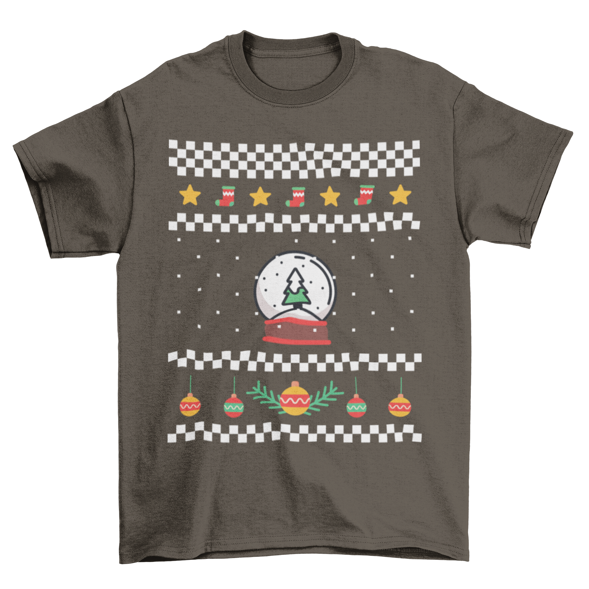 Ugly Christmas Holiday Sweater Elements Unisex T-shirt featuring Christmas tree, snow globe, ornaments, stars, and socks design.