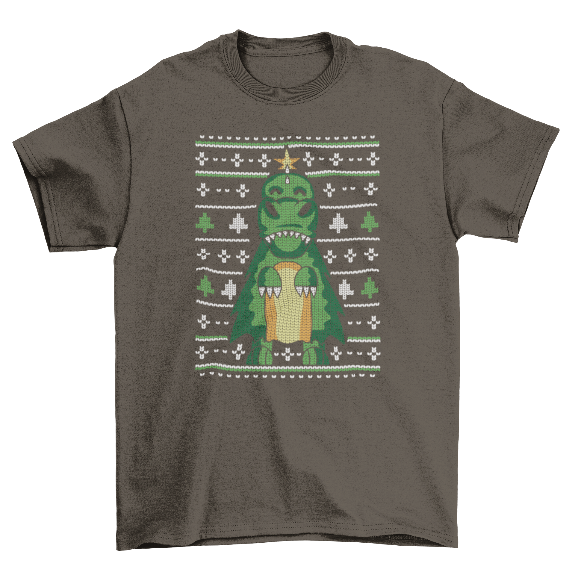A festive t-shirt featuring a T-Rex in an ugly sweater design, perfect for Christmas celebrations.