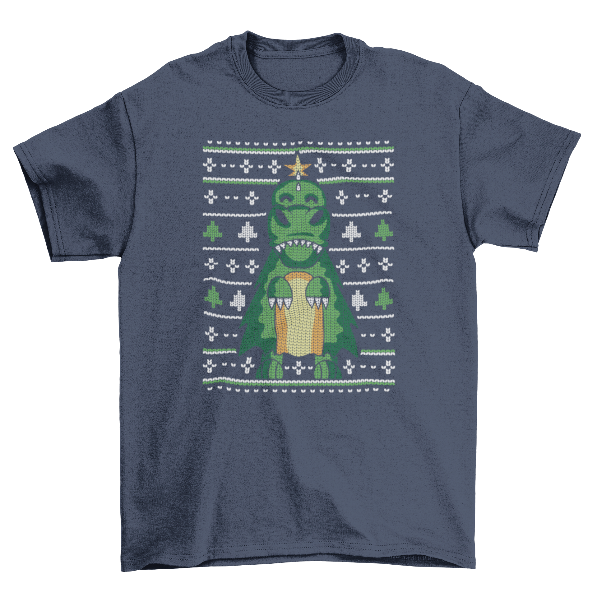 A festive t-shirt featuring a T-Rex in an ugly sweater design, perfect for Christmas celebrations.