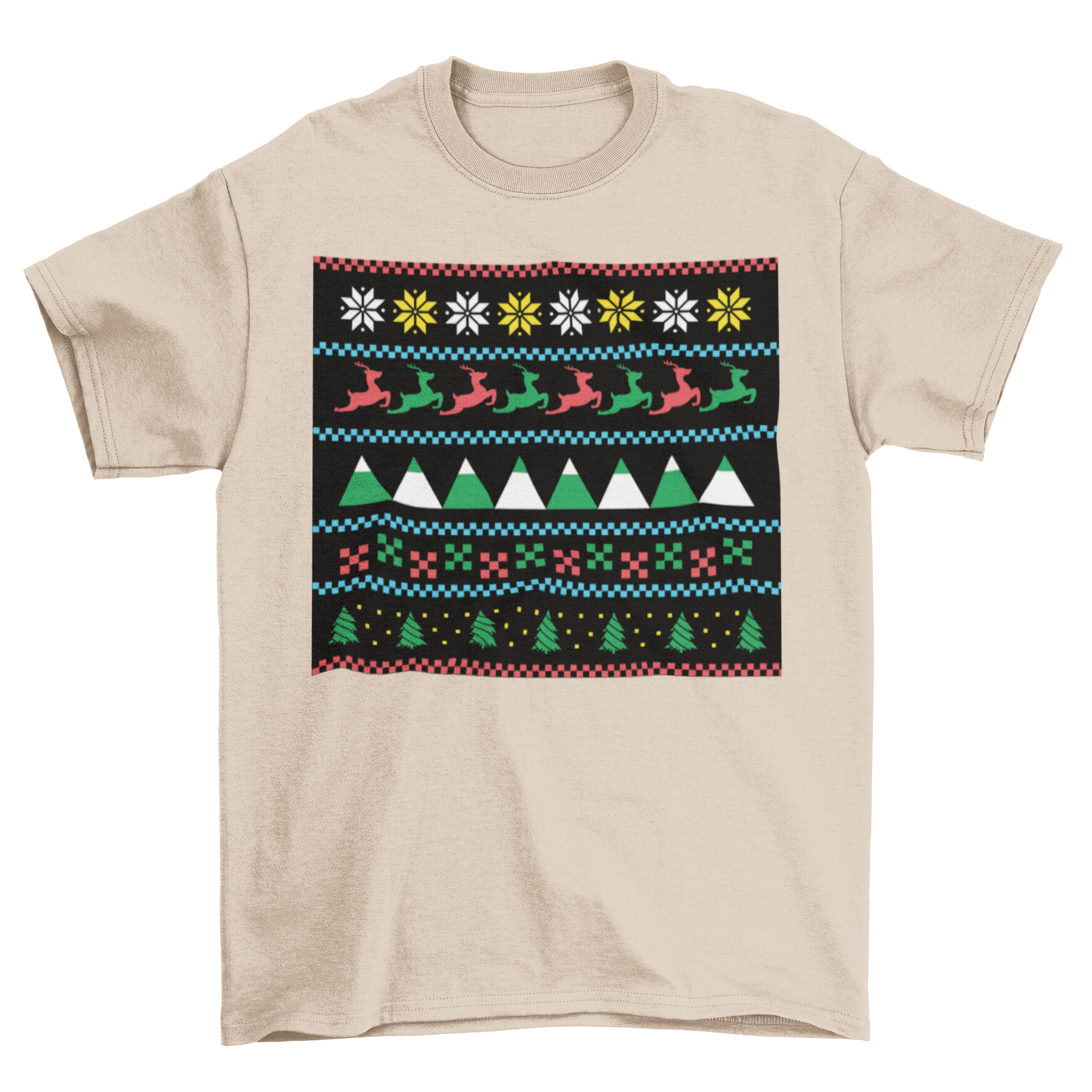 Ugly Sweater Winter T-shirt featuring Christmas trees, reindeer, and stars in a colorful design.