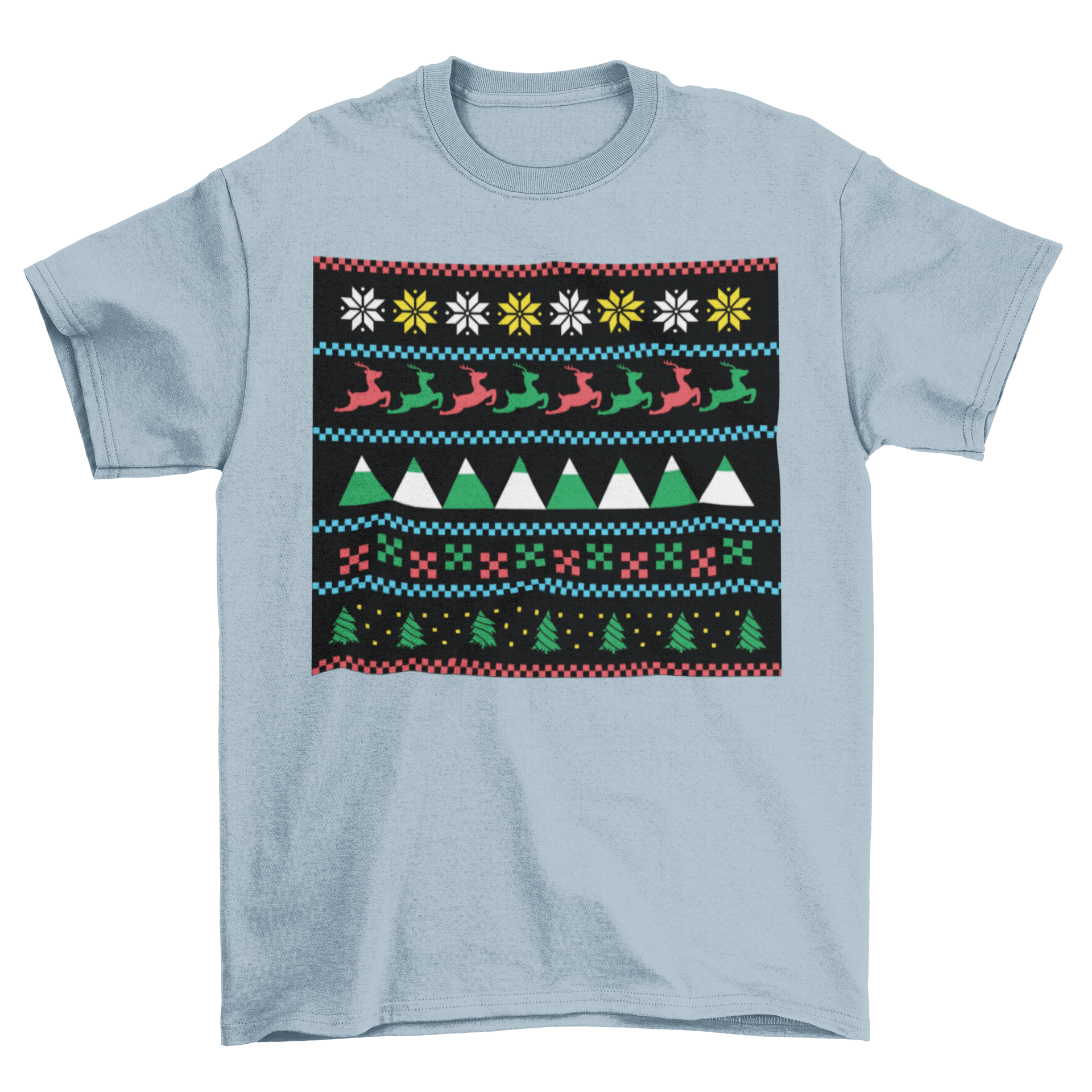 Ugly Sweater Winter T-shirt featuring Christmas trees, reindeer, and stars in a colorful design.