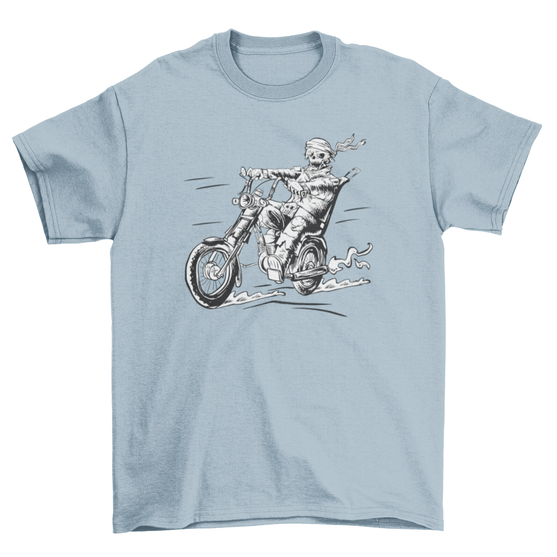 A hand-drawn t-shirt featuring a zombie biker riding a motorbike, showcasing a unique and edgy design.