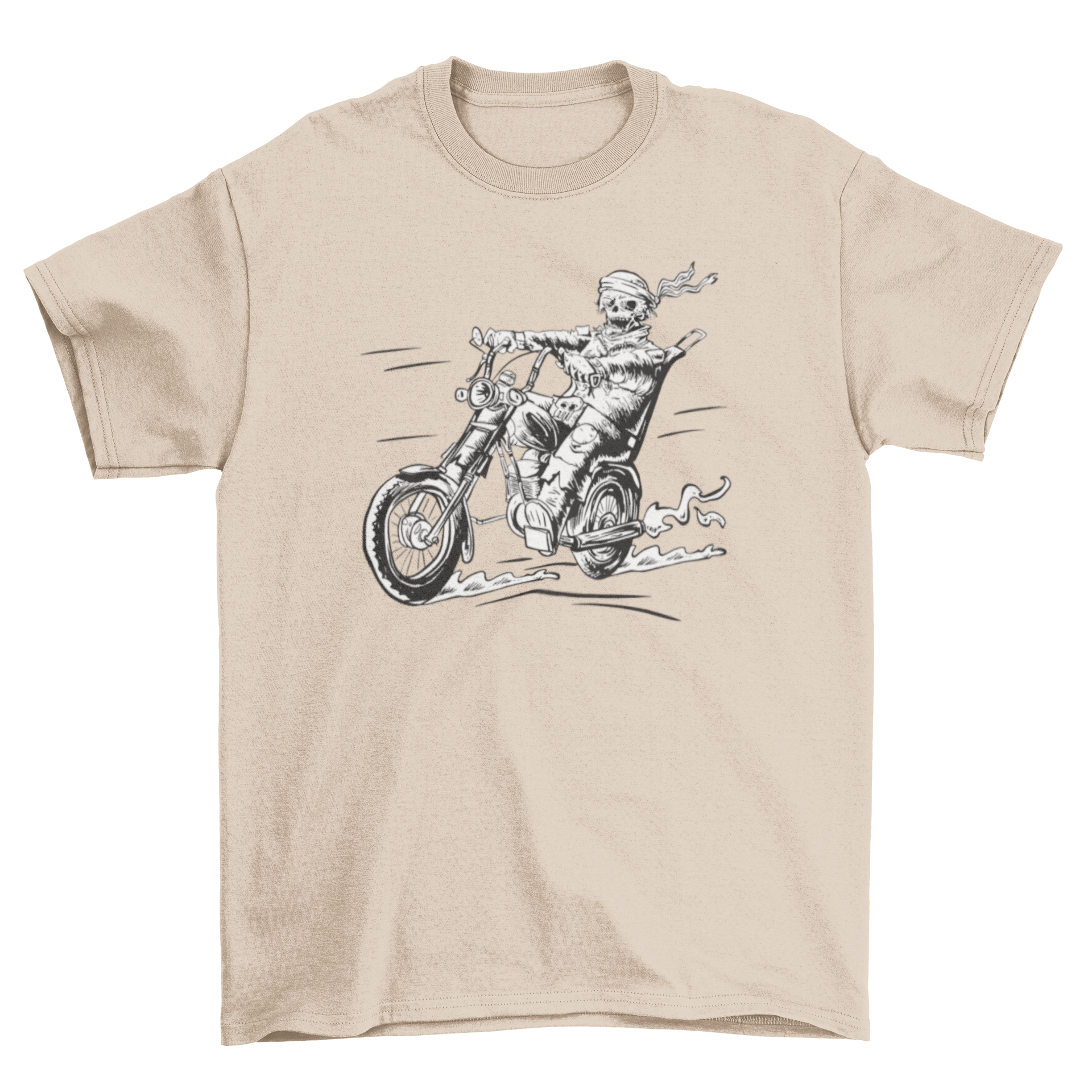 A hand-drawn t-shirt featuring a zombie biker riding a motorbike, showcasing a unique and edgy design.