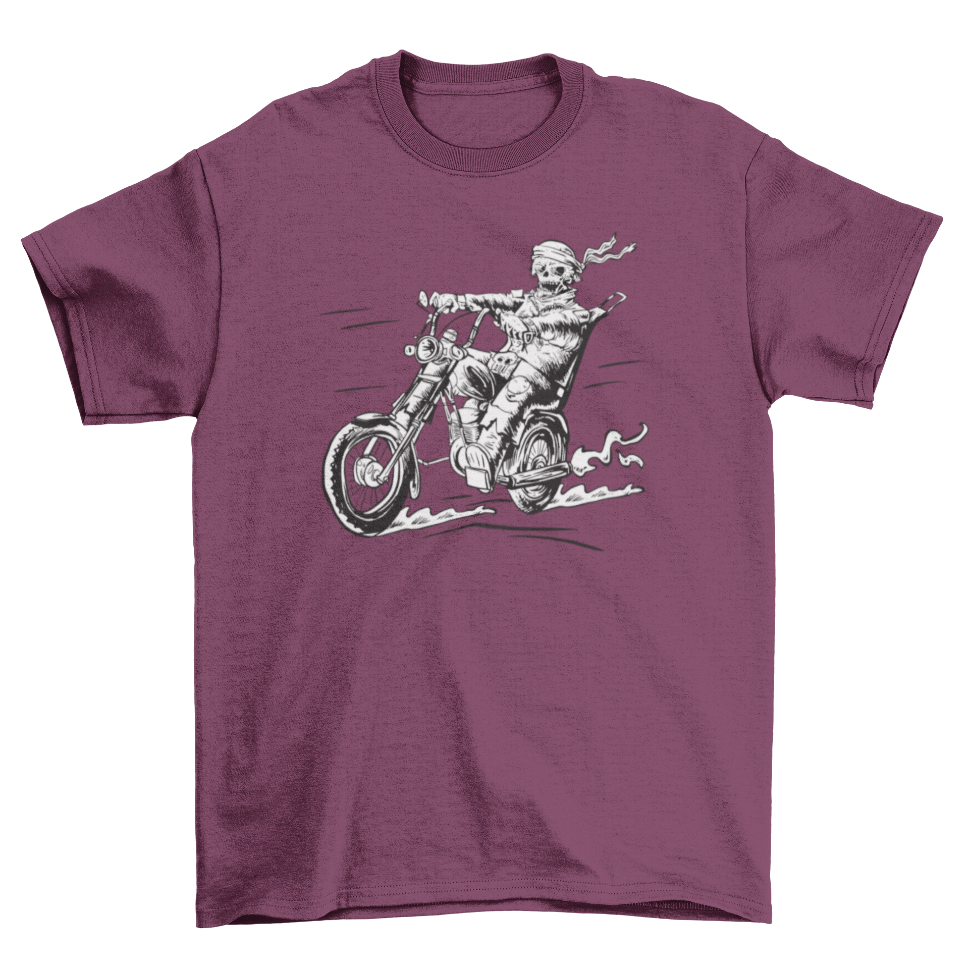 A hand-drawn t-shirt featuring a zombie biker riding a motorbike, showcasing a unique and edgy design.