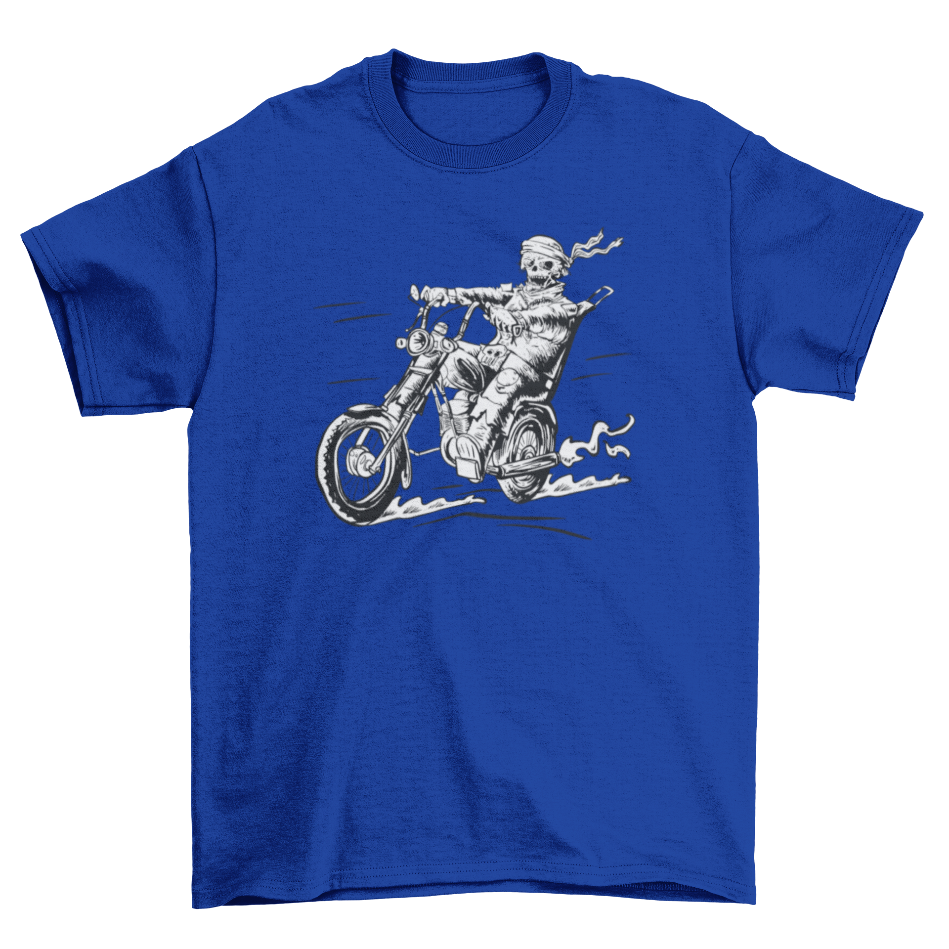 A hand-drawn t-shirt featuring a zombie biker riding a motorbike, showcasing a unique and edgy design.
