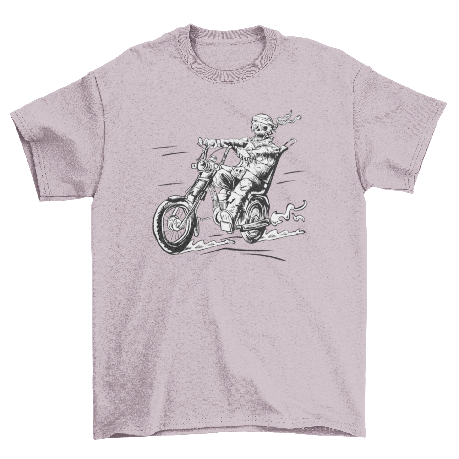 A hand-drawn t-shirt featuring a zombie biker riding a motorbike, showcasing a unique and edgy design.