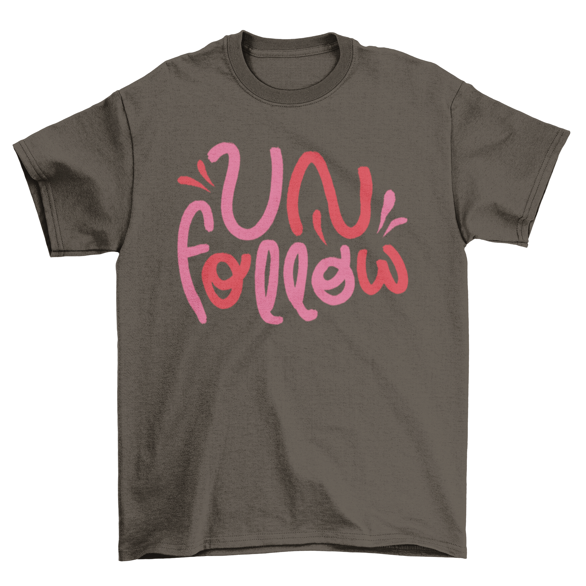 A stylish t-shirt featuring the word 'Unfollow' in bold lettering, perfect for casual wear.