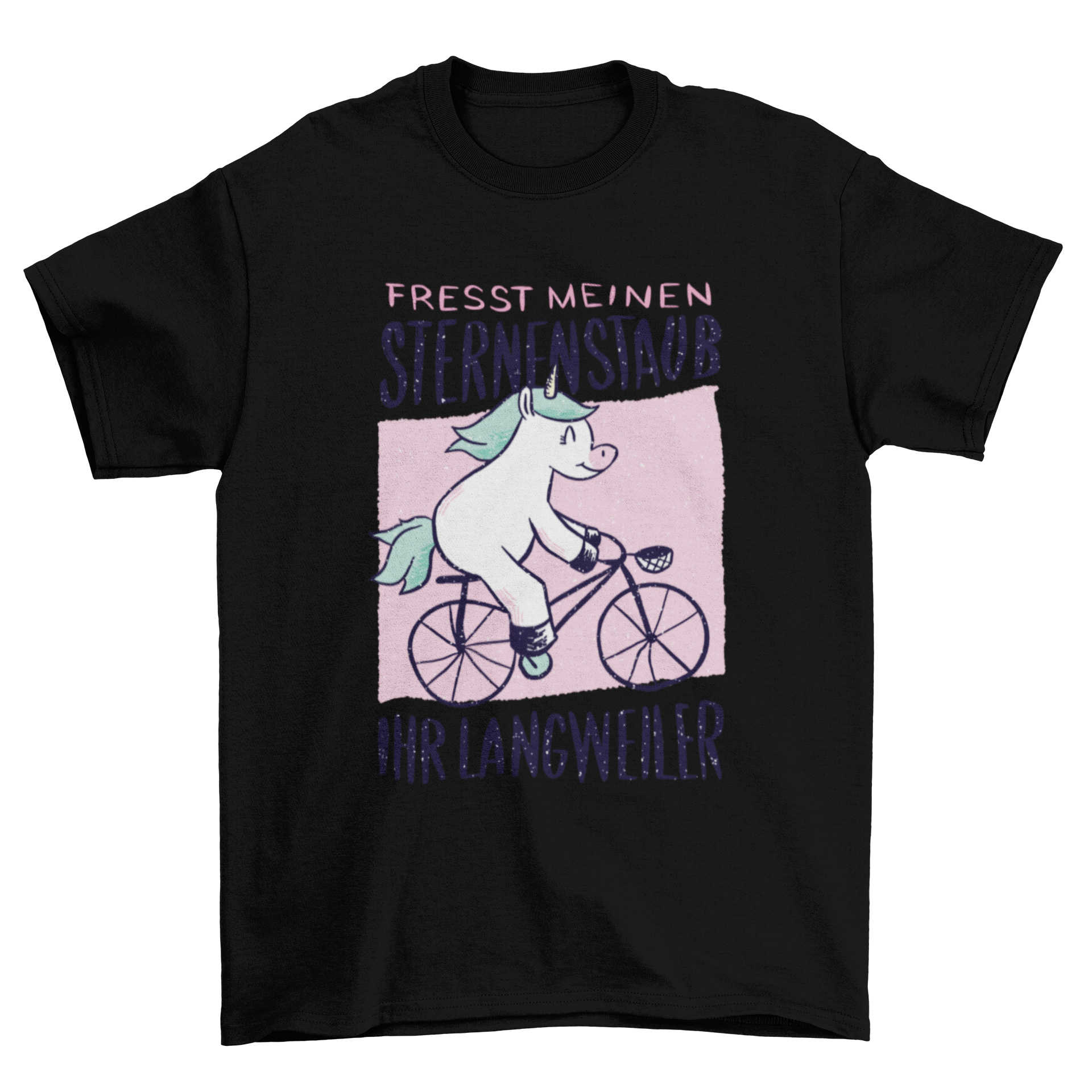 A colorful T-shirt featuring a cartoon unicorn riding a bicycle with a humorous German quote.