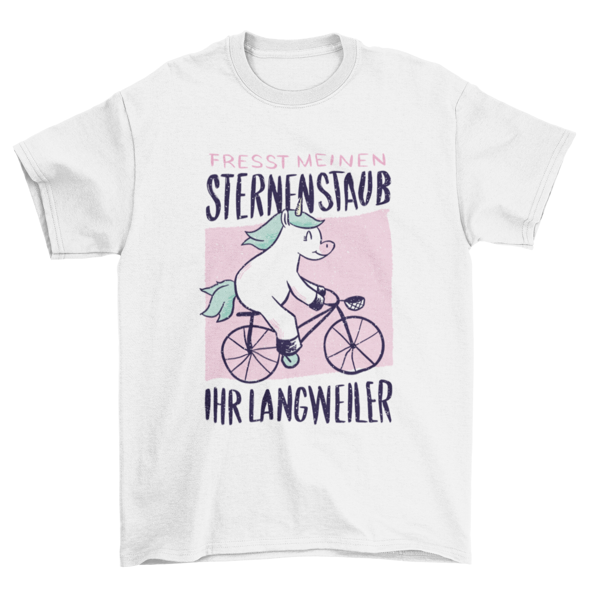 A colorful T-shirt featuring a cartoon unicorn riding a bicycle with a humorous German quote.