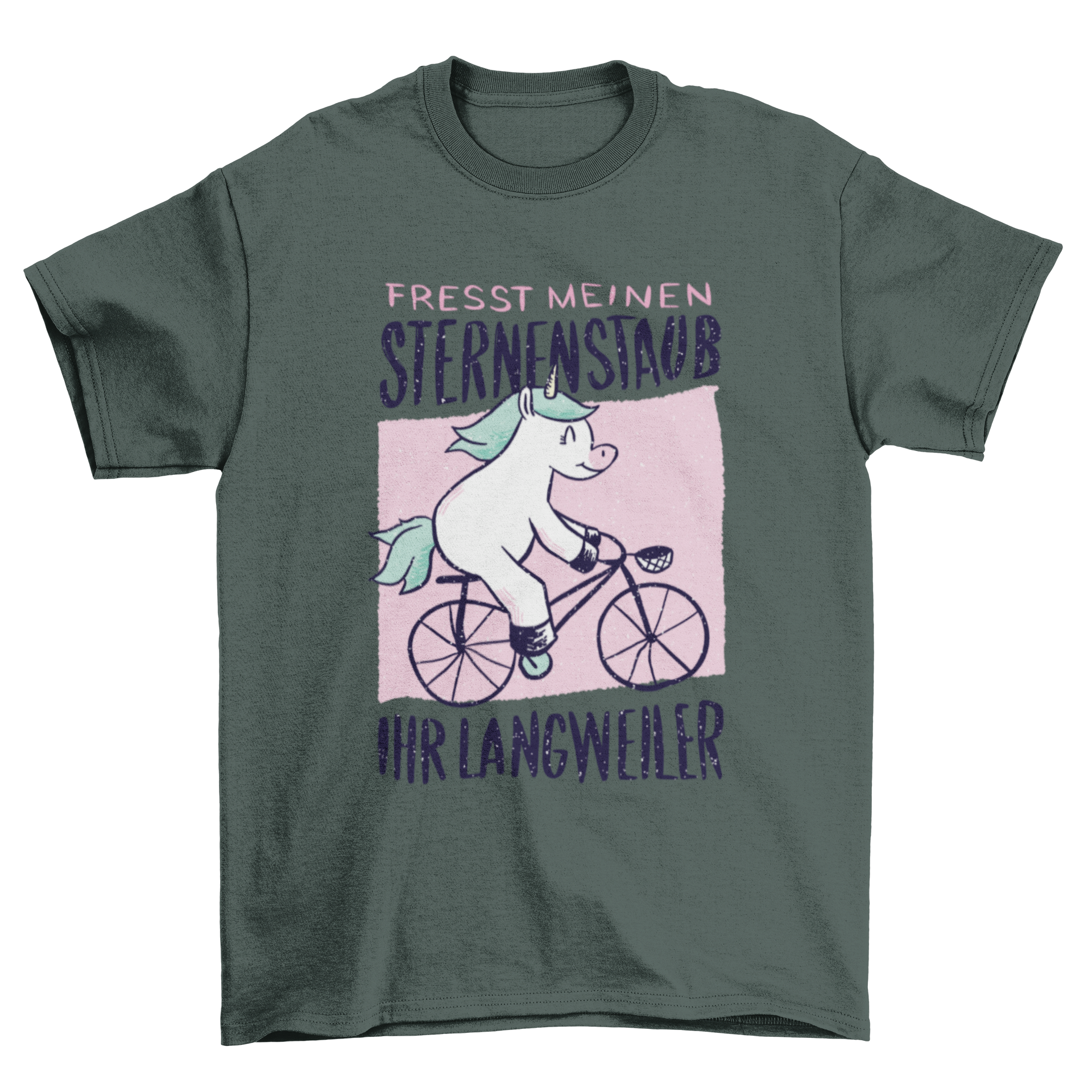 A colorful T-shirt featuring a cartoon unicorn riding a bicycle with a humorous German quote.