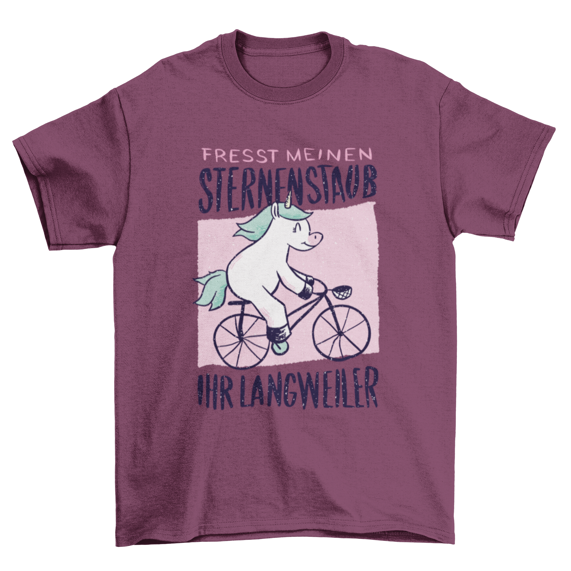 A colorful T-shirt featuring a cartoon unicorn riding a bicycle with a humorous German quote.