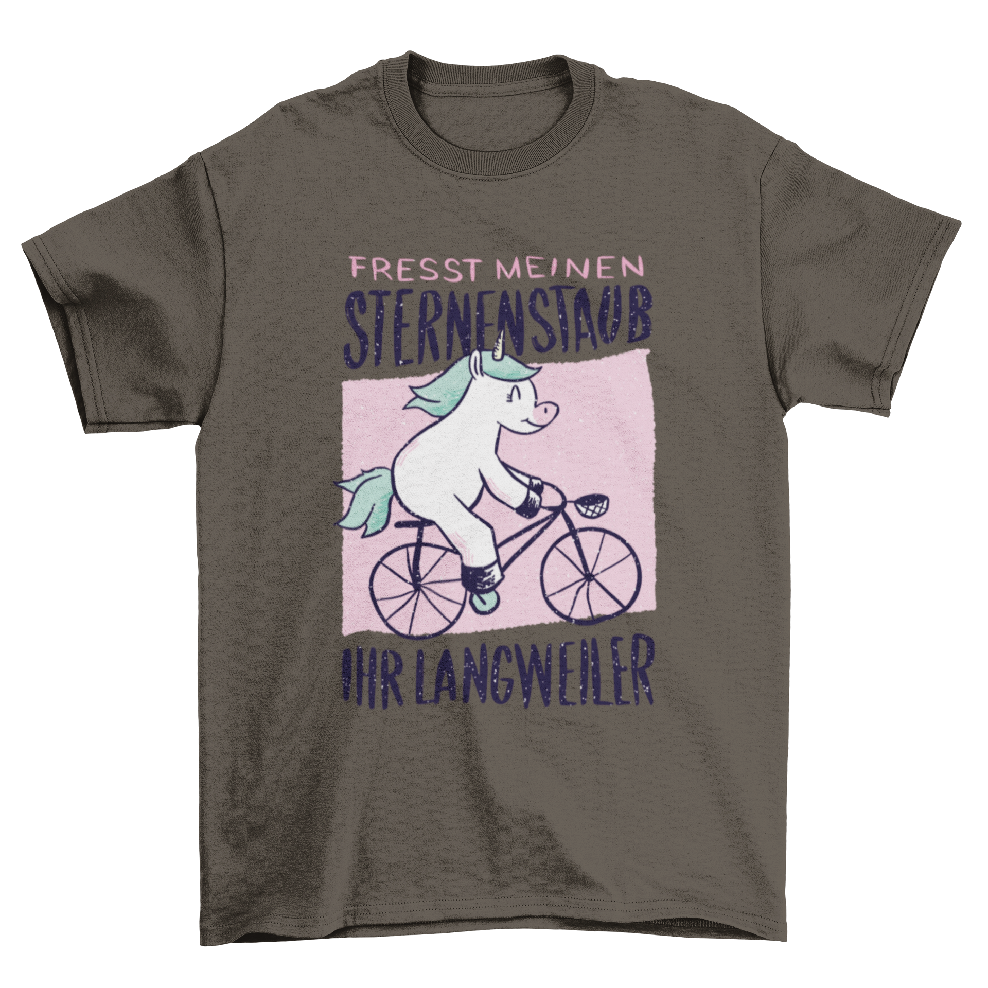 A colorful T-shirt featuring a cartoon unicorn riding a bicycle with a humorous German quote.