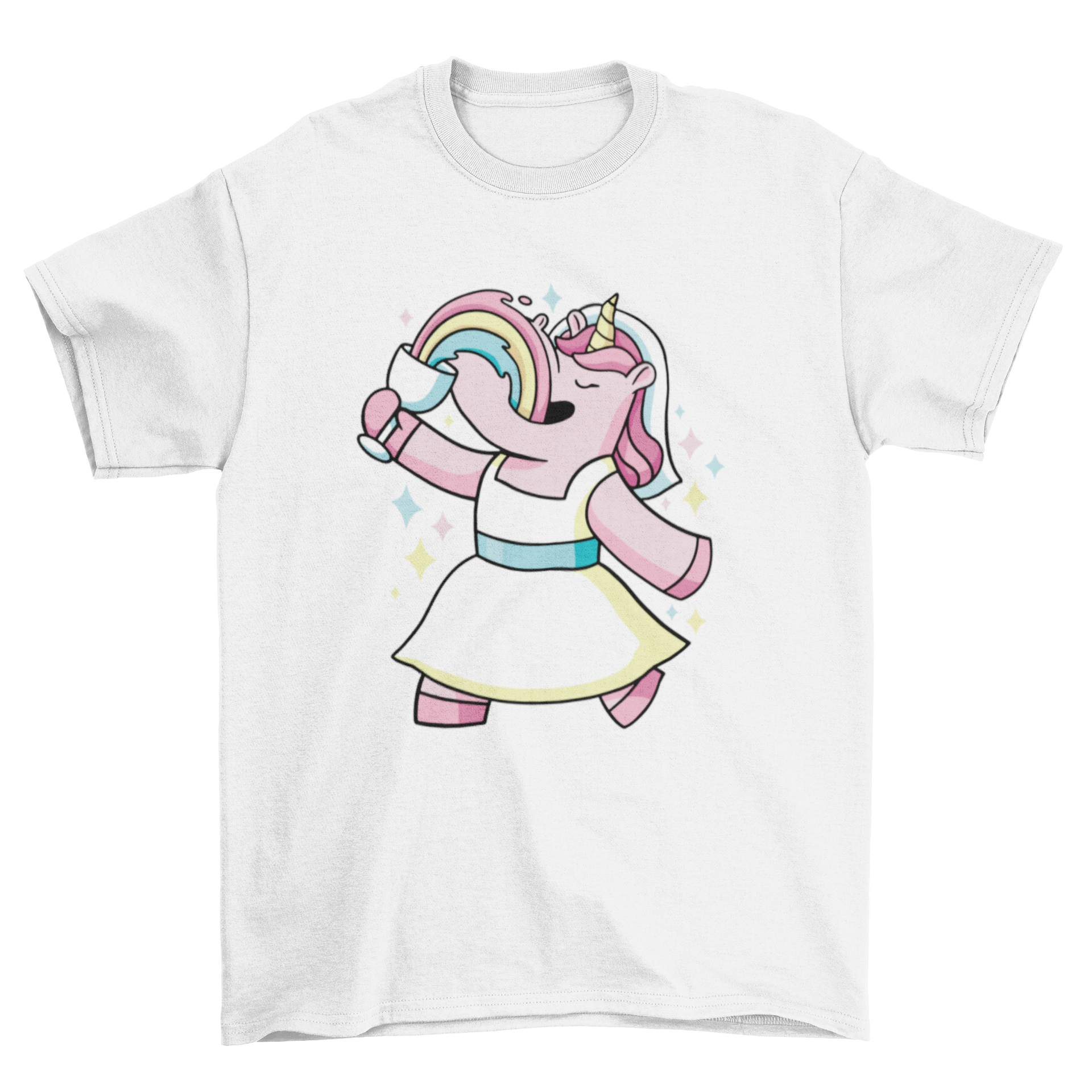 A whimsical t-shirt featuring a unicorn in a wedding dress, joyfully drinking wine from a glass, perfect for brides and unicorn lovers.